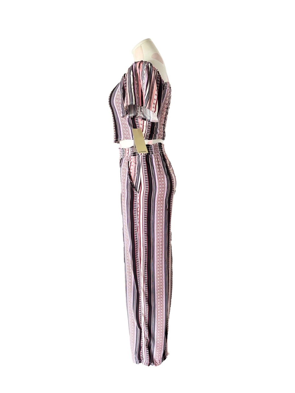 Pink Multi Stripe Two Piece Set Crop Top Wide Leg Pants S/XS - Picture 3 of 8
